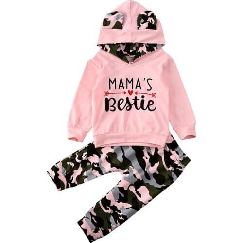 2PCS Set Infant Baby Girl Camouflage Pants Clothes Set Long Sleeve Pink Hoodie Sweatshirts Outfits Autumn Clothes