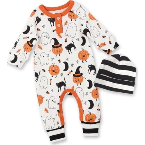 3Pcs Cute Halloween Infant Newborn Baby Girl Clothes Pumpkin Romper Cap Outfit Cotton Baby Tracksuit Set