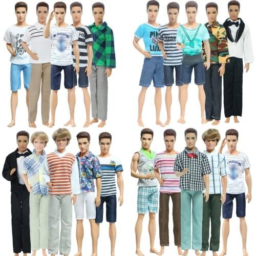 5 Set Mens Doll Outfits Striped Daily Wear T-shirt Short Pants Trousers Clothes for Barbie Doll Ken Doll Accessories Kids Toy