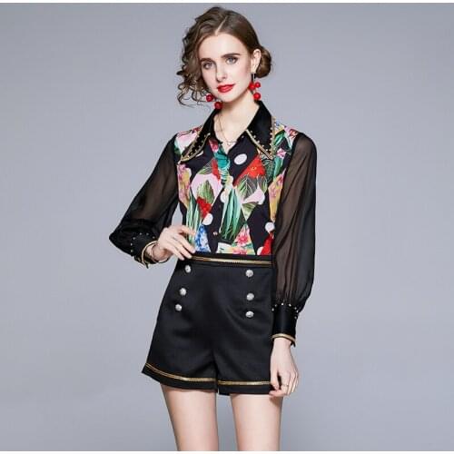 Menahem 2021 Summer Fashion Handmade Beading Suit Women See Through Long Lantern Sleeve Crystal Print Shirt Top＋Black Shorts Set