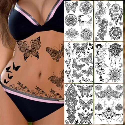 Lace Butterfly Temporary Tattoos For Women Girls Kids Tribal Black Henna Tattoo Sticker Mandala Flower Fake Jewelry Tatoos Adult