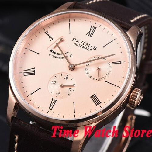 Parnis mens watch 42mm rose golden case DATE Power reserve gold dial 5ATM ST1780 Automatic movement wrist watch men 944