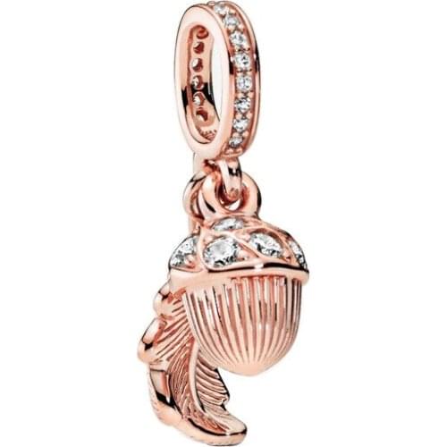 2019 New Original Alloy Bead Acorn & Leaf Dangle Charm Rose Clear CZ Fit Bracelet Bangle DIY Women Jewelry