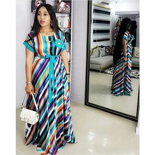 Super large size New style classic African womens Dress Dashiki fashion stretch Printed stripe long dress size L XL 826