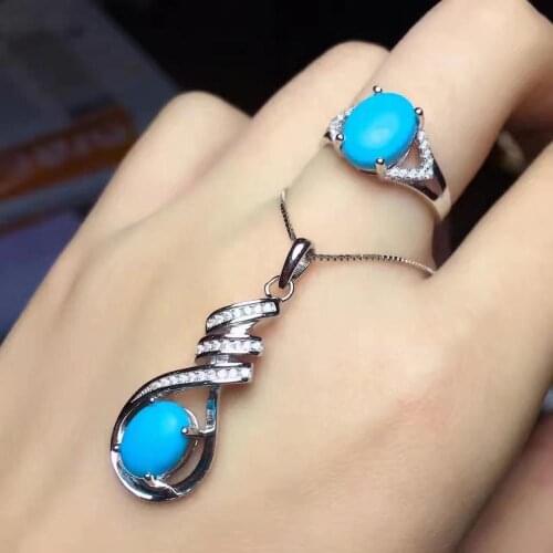 New Design Turquoise Jewelry set Natural And Real Turquoise Set 925 sterling silver Fine jewelry 1pc Ring,1pc Pendant