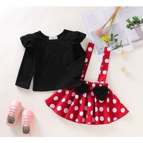 Autumn Baby Girl Clothes Set Cartoon Minnie Kids Girl Clothes Set Ruffles Tops Bow Polka Dot Strap Dress Kids Dresses For Girls
