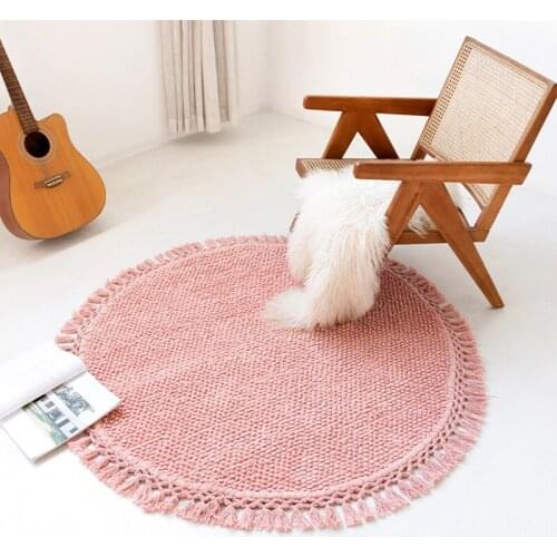 Nordic Pink Carpet With Tassel Kid Play Round Mat Baby Crawling Rug Sofa Coffee Table Floor Carpet for Living Room Bedroom Decor