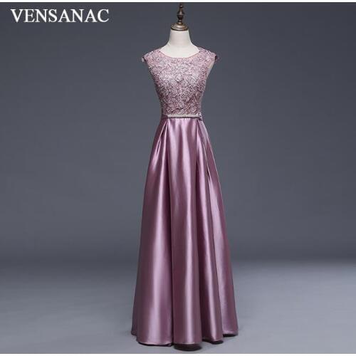 VENSANAC New A Line 2017 Embroidery O Neck Long Evening Dresses Sleeveless Elegant Tank Lace Appliques Sash Party Prom Gowns