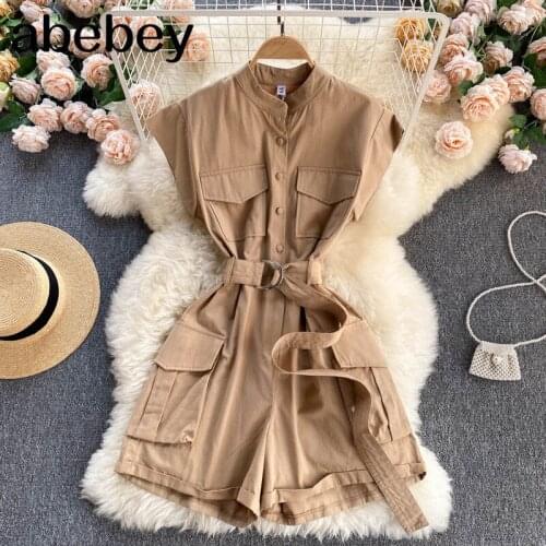 Women Retro Korean Rompers Short Sleeve O Neck Belt Solid Overalls Summer Casual Streetwear Wide Leg Short Jumpsuits