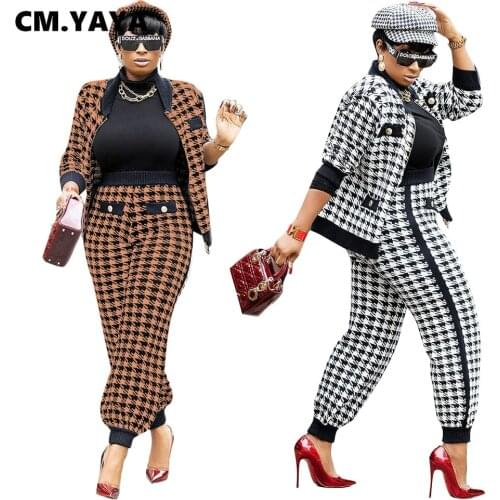 CM.YAYA Houndstooth Patchwork Two 2 Piece Set for Women Vintage Fitness Outfits Jacket + Pants Set Streetwear Tracksuit