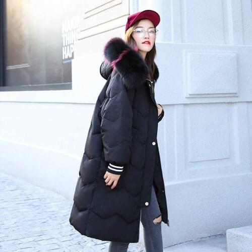 Womens Mid-length Down Jacket Korean Simulation Fur Collar Coat Fashionable Slim Body To Keep Warm White Duck Jacket
