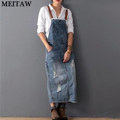 2021 Spring Autumn Women Denim Overall Dress Vintage Split Jeans Loose Maxi Dress Plus Size 5XL