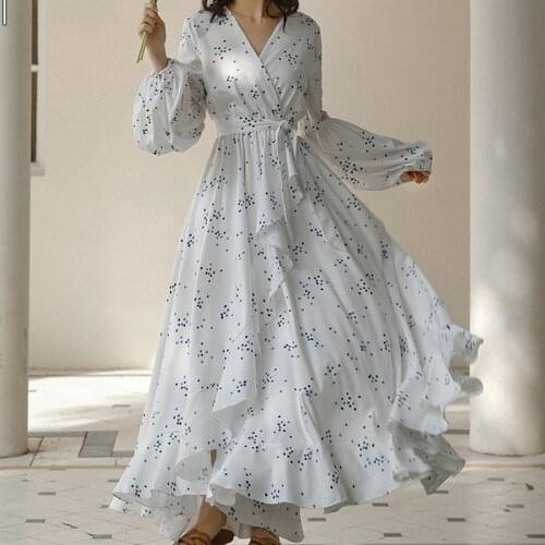 Elegant White Printed Maxi Dress Holiday Lantern Sleeve Ruffles Female Irregular Sashes Dress 2021 Summer High Waist Dress