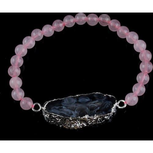 100-Unique 1 Pcs Silver Plated Agates Natural Rose Pink Quartz Round Beads Stone Handmade Bracelets For Women