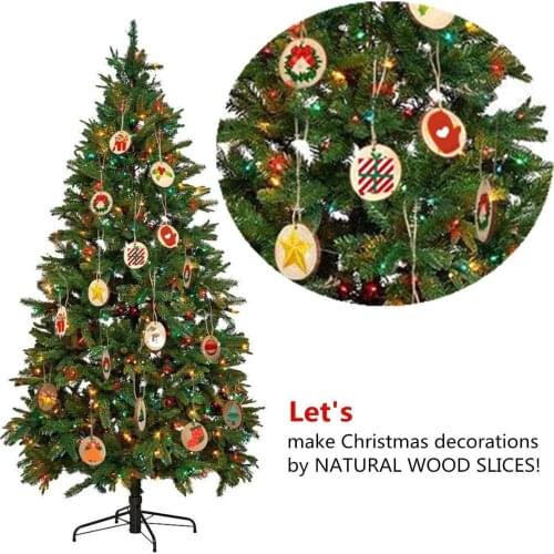 50PCS Natural Round Wood Chip DIY Christmas Tree Ornaments Circle Bark Hand-punched and Polished Pine Wood Chip with 20cm Rope