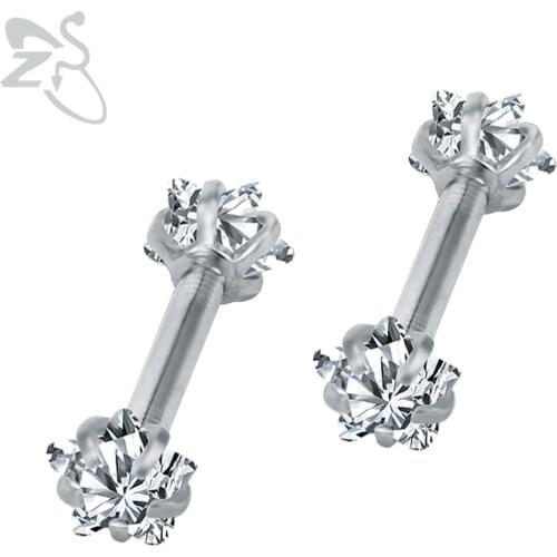 Double Sided Earrings Piercing Star Ear Studs AAA Cubic Zirconia Earring Crystal Helix Barbell Stainless Steel Tragus Piercings
