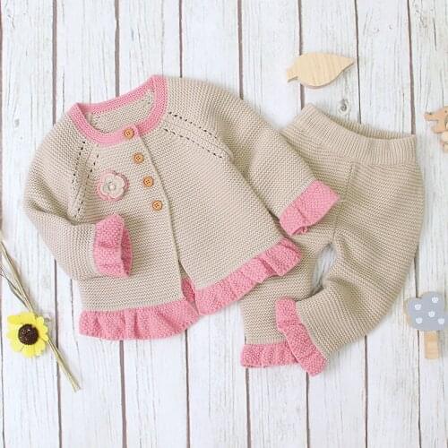 LZH 2021 Autumn Winter Clothes New Girls Lace Knitting Suit Little Girl Flower Long-sleeved Sweater Trousers Two-piece 0-3 Years