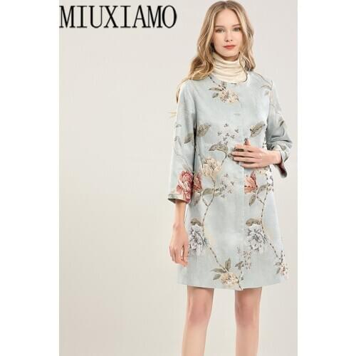 MIUXIMAO High Quality 2021 Office Lady Fall Casual 3/4 Sleeve Beading 3D Flower Embroidery Long Party Jacket Women Vestidos