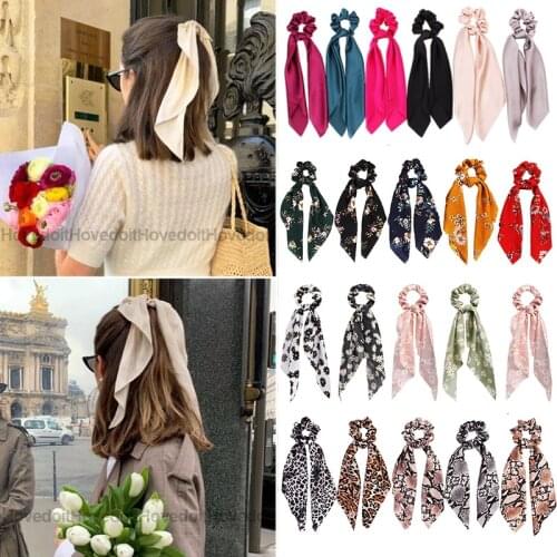 Fashion Leopard Print Bow Satin Long Ribbon Ponytail Scarf Hair Tie Scrunchies Women Girls Elastic Hair Bands Hair Accessories