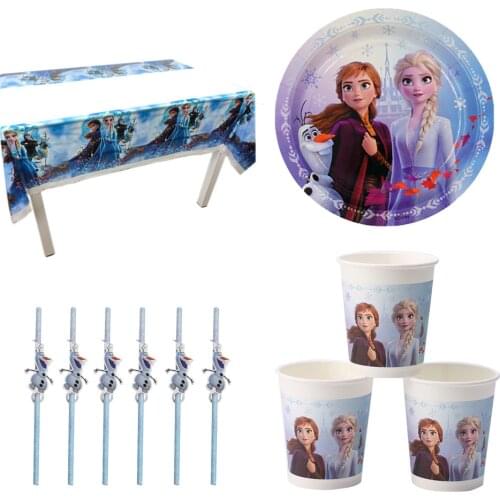 Cartoon Frozen Elsa Theme Party Supplies Paper Plate Cup Straw Tablecloth Disposable Set Girls Birthday Decorations Baby Shower