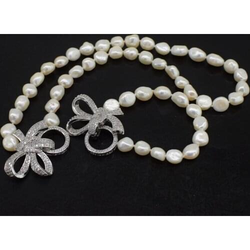 One set Freshwater Pearl white baroque 9-12mm +zircon clasp necklace Bracelet 40cm 19cm Wholesale for women xmas gift