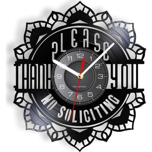 Please No Soliciting Sign Vinyl Clock No Solicitation Go Away Funny Warning Sign Laser Cut Longplay Wall Watch Disk Crafts Decor