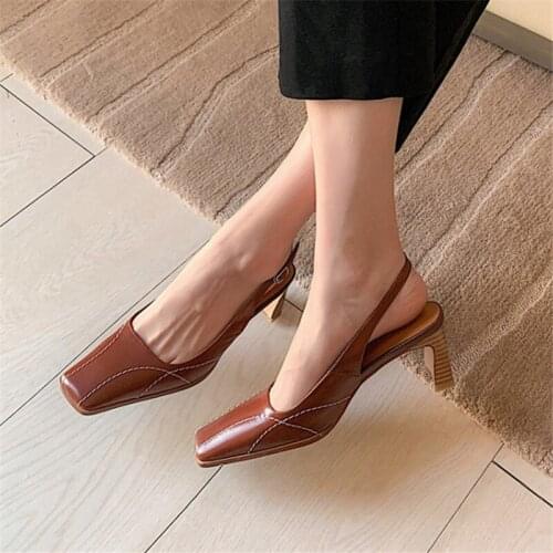 PXELENA Retro Natural Genuine Leather Slingbacks Women High Heels Pumps Square Toe 2021 Spring Fall Office Lady Party Date Shoes