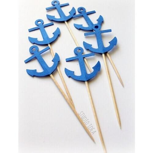 Blue Anchor Cupcake Toppers birthday nautical beach wedding bridal baby shower toothpicks engagement food pick