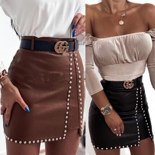 Elegant Fashion Rivets PU Leather Skirts Women Mini Pencil Skirts Office Lady Solid Color High Waist Slim Bottoms Skirts