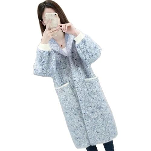Imitation Mink Velvet Jacket Women Fall/Winter 2021New Coat Mid-Length Super Fire Thick Knitted Cardigan Female Sweater Outwear