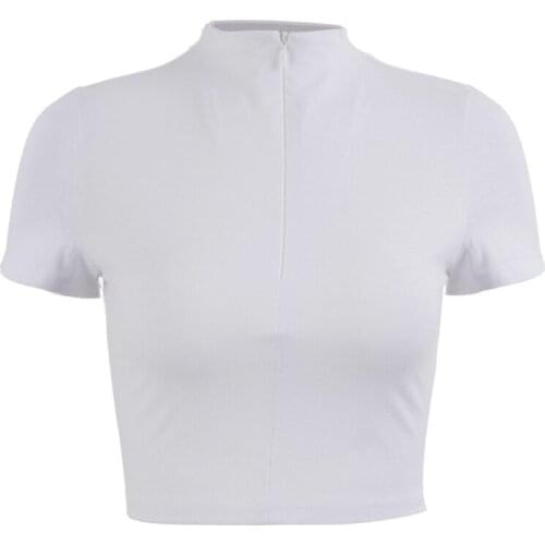 Women Summer Short Sleeve Turtleneck T-Shirt Sexy Invisible Half Zip Front Bodycon Crop Top Plain Solid Color Stretch Pullover H