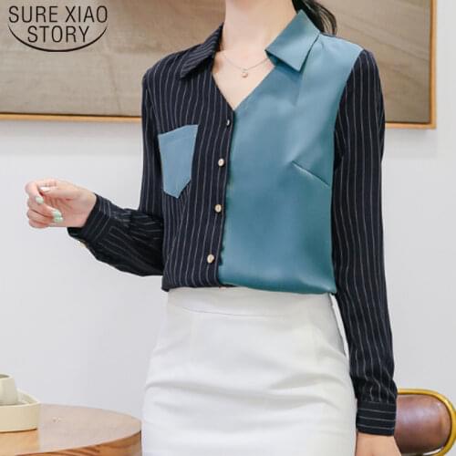 Korean Style Women Elegant Striped Tops Sexy V-neck Long Sleeve Office Lady Clothing Blusas Mujer De Moda 2021 6271 50