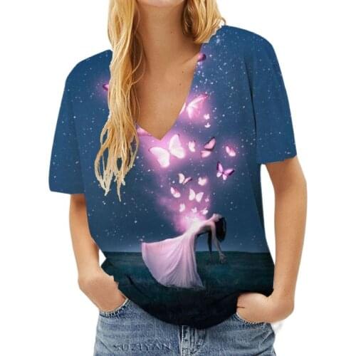 Ladies Casual V-neck Tops Art Printed Starry Sky Landscape Womens T-shirt Creative Woman Romantic Fantasy 3d Fashion Tshirt
