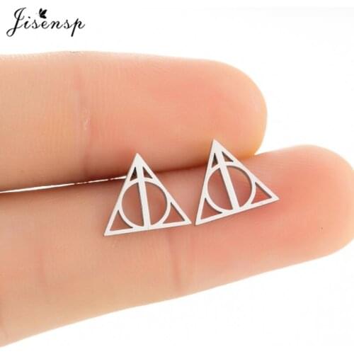 Jisensp Simple Geometric Deathly Hallows Luna Triangle Stud Earrings for Women Stainless Steel Steam Punk Jewelry Party Gift