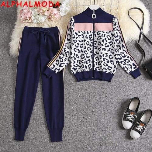 ALPHALMODA 2020 Autumn Winter Leopard Print Zipper Cardigans Pants 2pcs Fashion Tracksuit Hit Color Slim Jumper Trousers Set