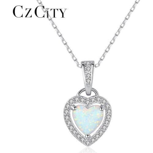 CZCITY 925 Sterling Silver Heart Fire Opal Pendant Necklace for Women Sparkling Love Necklace Fine Jewelry Valentines Day Gifts