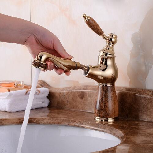 Gold Water Tap Jade washroom basin faucet sink tap mixer hot & cold bathroom faucet Pull out sink faucet