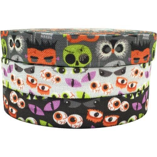 10 Yards 15mm cartoon skull eyes print Halloween Fold over elastic Stretchy band DIY girls hair ties headband accessories