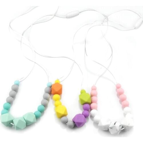Baby Silicone Teether Necklace 2PC Baby Silicone Bpa Free Silicone Teething Beads Baby Sensory Toys Charm Necklaces for Mom