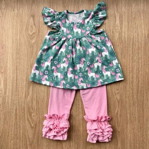 2018 boutique girl Spring summer clothing unicon flutter dress with Solid icing leggings boutique set children ruffle clothing 2