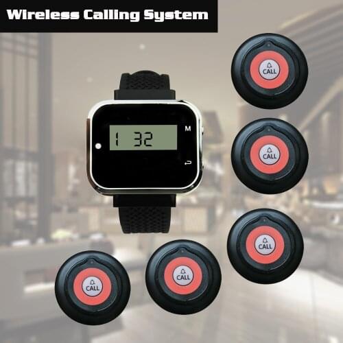 Wireless Calling Systems Buttons Restaurant Bells 4 Transmitters+1 Wristwatch Pager Receiver For Office Cafe Guest Service