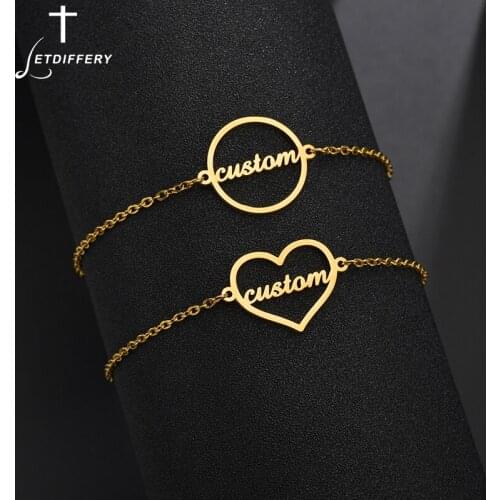 Letdiffery Custom Name Heart Bracelets Stainless Steel Circle Chain Bracelet for Men Lovers Personalized Jewelry Party Gifts