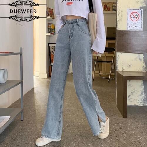 Dueweer Jeans Women Wide Leg Trousers Solid Side-slit Vintage Washed High Waist Simple Streetwear Ulzzang Casual Pants