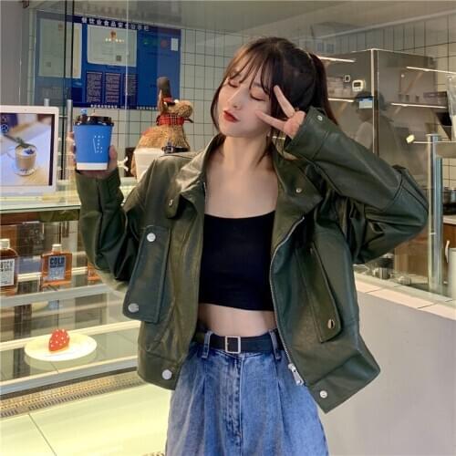 New Spring Autumn Womens Loose Handsome Motorcycle Pu Leather Coat Women Short Faux Soft Leather Jacket