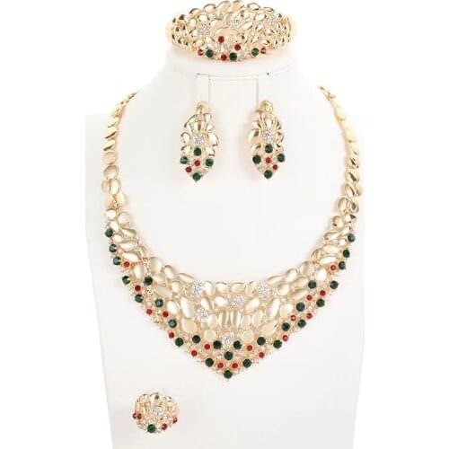 Hot Nigeria Dubai Gold color jewelry sets African bridal wedding gifts party for women Bracelet Necklace earrings ring set