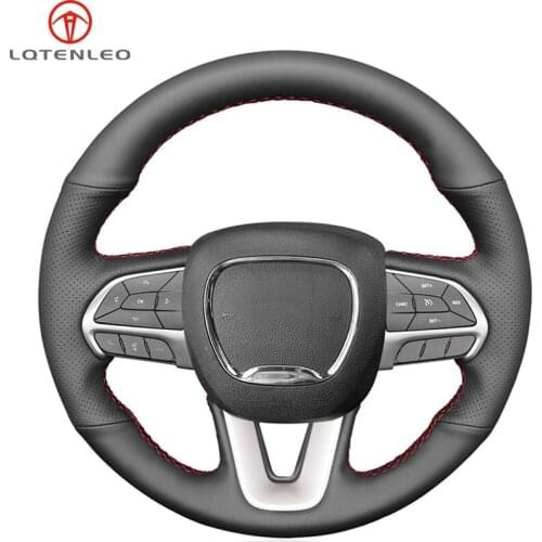 LQTENLEO Black Genuine Leather Car Steering Wheel Cover For Dodge Challenger 2015-2021 Charger 2015-2021 Durango 2015-2021