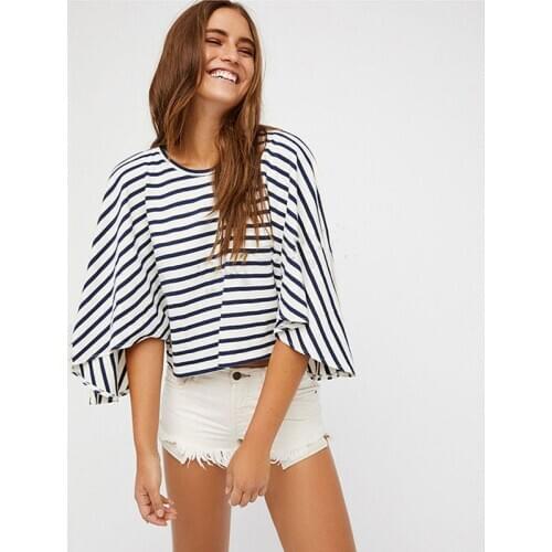 Fashion Women Cold Off Shoulder Stripe Loose Tops Bat Short Sleeve O-neck Summer Casual Baggy Blouse Shirt