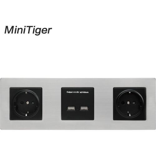 Minitiger Wall Stainless Steel Panel Double Socket 16A EU Electrical Outlet Dual USB Smart Charging Port 5V 2A Output Black