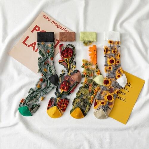 Novelty Harajuku New Product Crystal Silk Tide Socks Funny Sunflowers Vines Floral Happy Women Socks Casual High Quality Sox