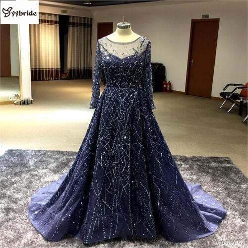YYbride New Stunning Dark Navy Embroidery Evening Dresses Long Sleeves Prom Dresses Vestido Longo Robe de Soiree Evening Gown